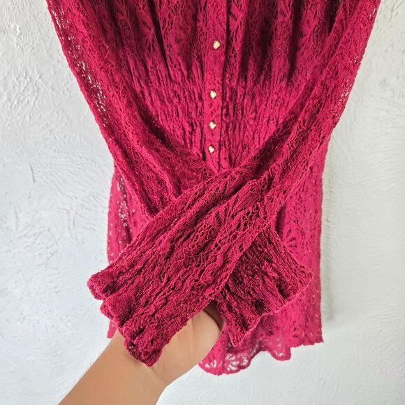 Cristina Tunic Red Floral Lace Sheer Button Front Bell Sleeve Fairy Glam Shirt - Picture 6 of 12